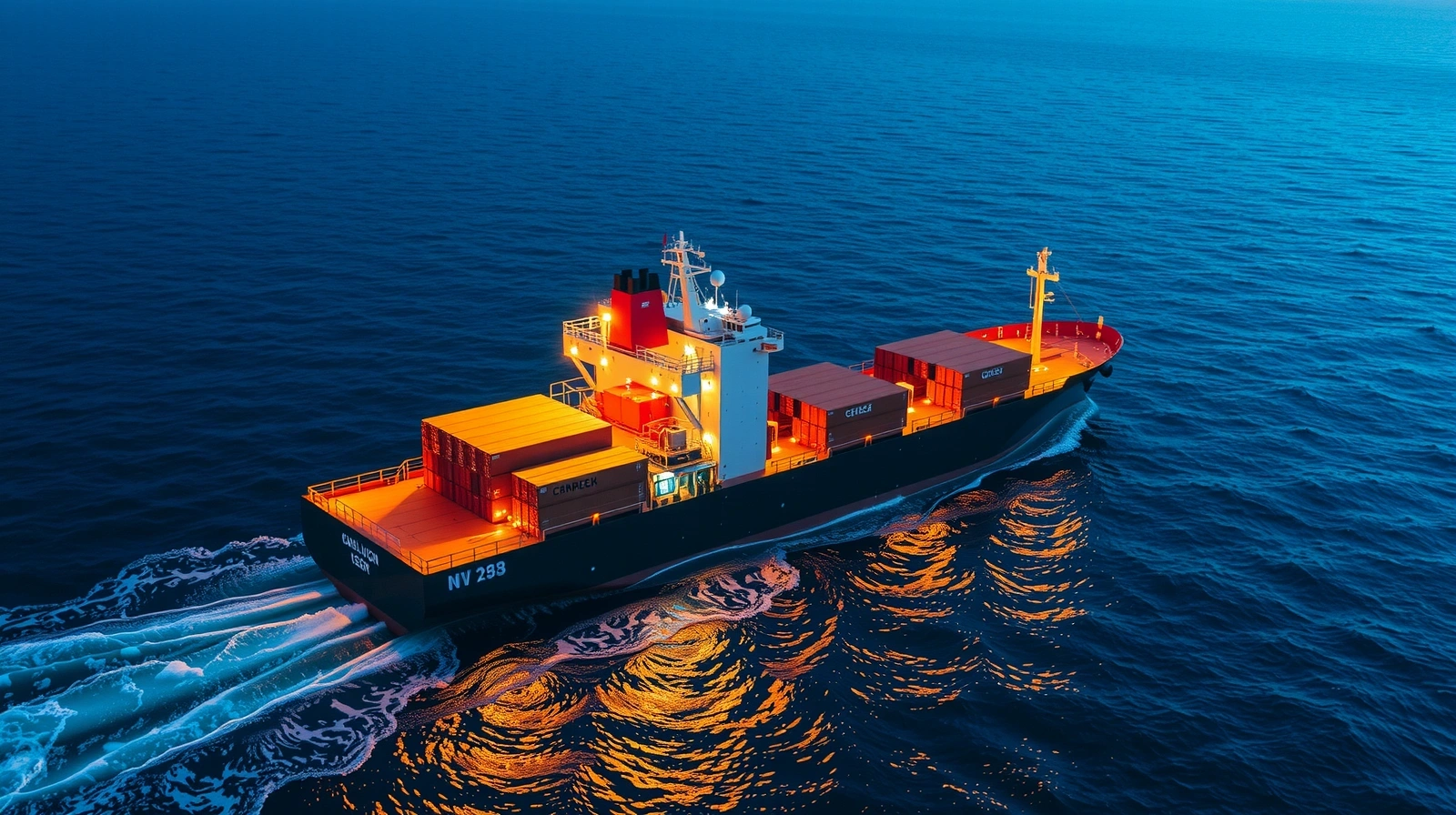 Global maritime container ship navigating deep waters